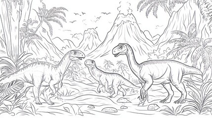 Naklejka premium Prehistoric scene with dinosaurs in a lush jungle environment, featuring a volcano in the background.