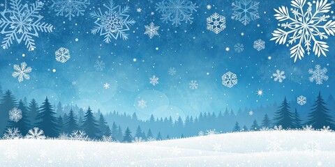 A serene winter wonderland scene featuring a snowy landscape and falling snowflakes against a twilight sky