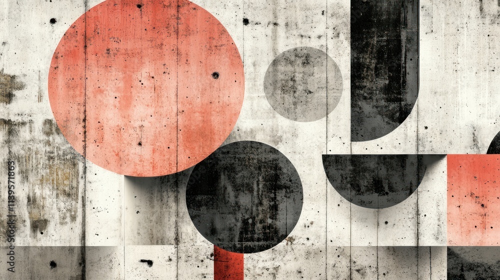 Poster Abstract geometric design featuring circles and shapes in muted colors on a textured background.