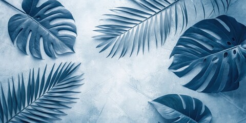 Serene Blue Tropical Leaves Arranged on a Textured Background