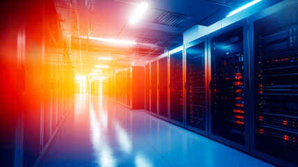 A vibrant, futuristic server room illuminated by colored lights, showcasing rows of servers in a sleek, digital environment.