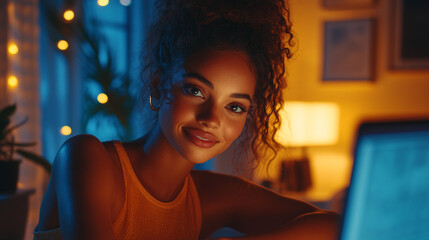 Fototapeta premium Young woman with curly hair smiling softly in cozy room illuminated by warm lights, working on her laptop at night, modern lifestyle and technology concept