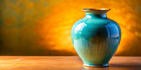 Beige Ceramic Vase, Light Blue Glaze, Warm Light, High-Quality Image