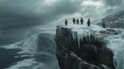 Penguins on snowy cliff overlooking stormy sea.