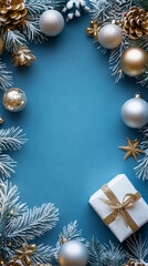 christmas greeting card silver ornaments on blue background with space for text