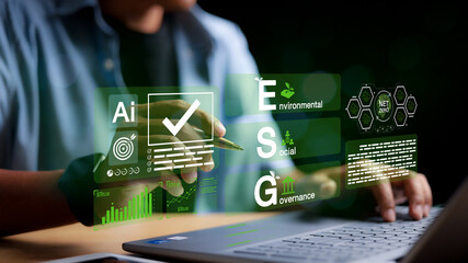 ESG analysis on screen in business investment strategy ideas. ESG Environment Social Governance...
