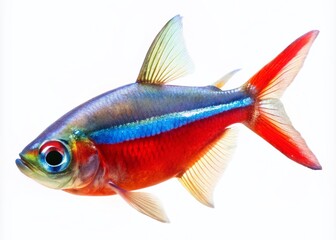 Obraz premium Cardinal Tetra Aquarium Fish, Freshwater, Elegant Swim, Bright Colors, White Background