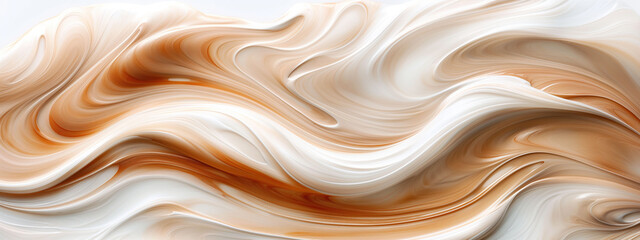 Obraz premium Panoramic mocha mousse cream streaks with smooth flowing lines and subtle gloss on a pure white background