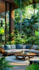 Fototapeta premium Serene Indoor Oasis with Lush Greenery and Modern Furnishings, Inviting Atmosphere for Relaxation and Connection to Nature in a Bright Space