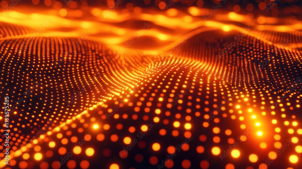 Poster abstract representation of flowing orange particles resembling waves.