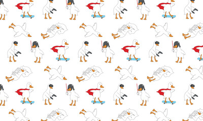 cute seamless pattern with geese. The goose plays with virtual reality glasses, rides a skateboard, and fights with a lightsaber.