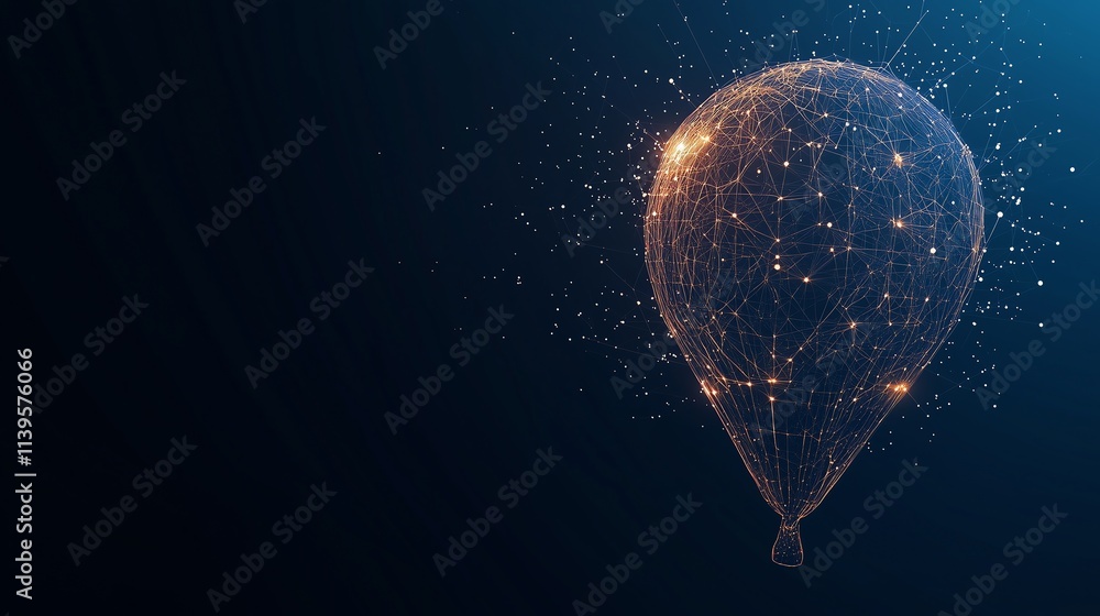 Poster minimalist wireframe balloon with a translucent glow, surrounded by delicate low-poly grid patterns 