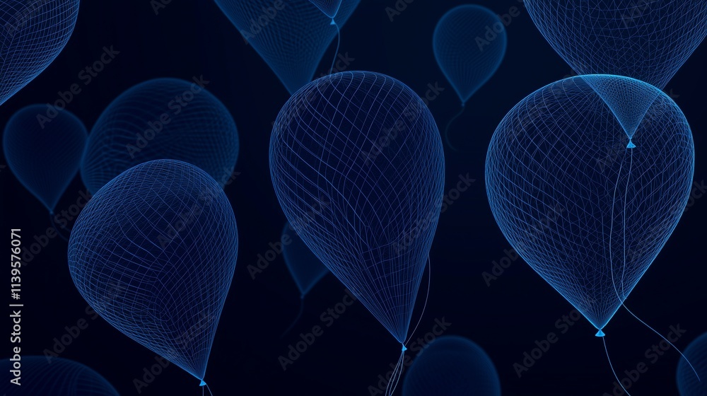 Poster Wireframe balloons resembling abstract shapes, floating above a seamless dark blue background with geometric lines intersecting, creating a modern tech vibe with space for text overlay.