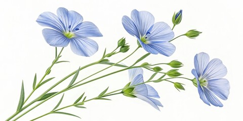 Obraz premium A Delicate Bouquet of Pale Blue Flax Flowers with Buds and Stems Isolated on White