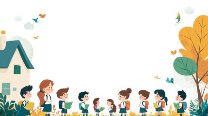 Fototapeta premium Illustration of school outing for students. Leave a blank background. copy space 