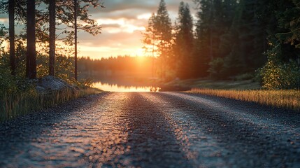 Lake and Road at Sunset 16K Resolution Ultra Photorealistic