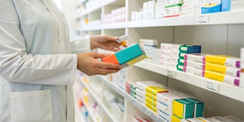 Pharmacist carefully selects medication from a pharmacy shelf