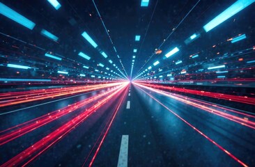 Digital data flow on the road with motion blur to create a vision of fast data transfer. Concept of future digital transformation, revolutionary innovation and flexible business. 