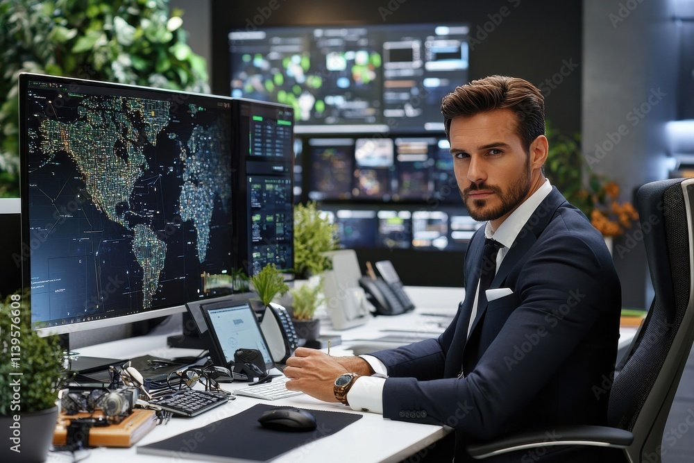 Aufkleber professional businessman in modern office setting analyzing global data on high-tech computer screen