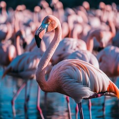 Obraz premium wildlife photo of a flamingo flock in a wetland, telephoto lens capturing sharp details, ISO 400 for brightness, and eye-level shot