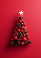 A Christmas tree made of pine cones and acorns with a star on top, in front of a red background, in the spirit of the New Year
