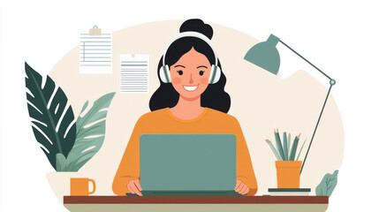 Young woman working on laptop at home with headphones in cozy workspace surrounded by plants and desk accessories, maintaining productivity and focus
