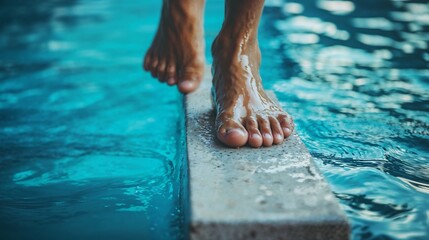 Fresh wet feet stepping on concrete pool edge with turquoise water background