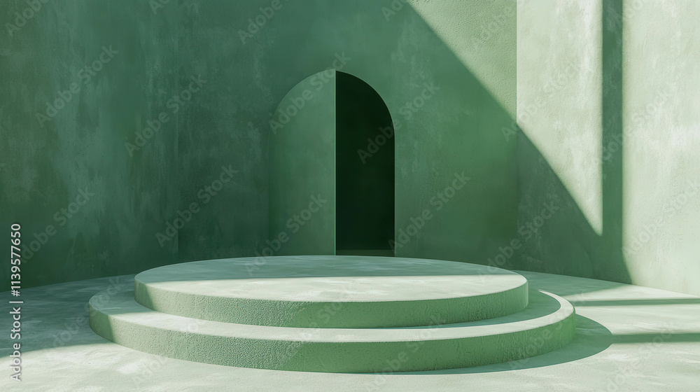 Poster Minimalistic 3D Rendered Platform for Product Display in Soft Green Environment