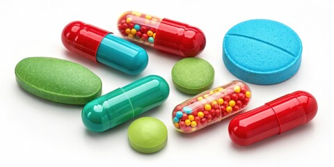 A colorful assortment of capsules and tablets, showcasing various shapes, sizes, and dosages of medication.
