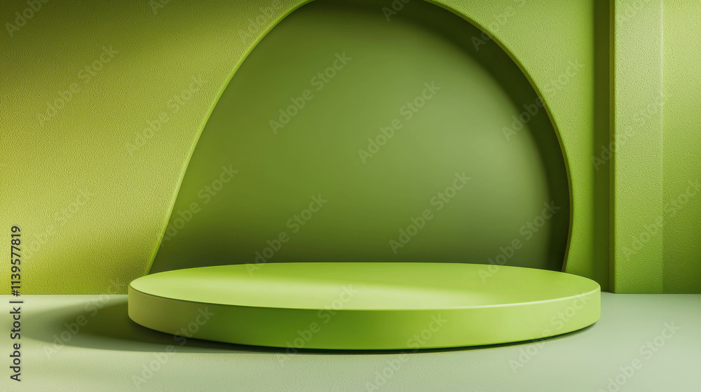 Poster simple 3d rendered platform for product display with green geometric background