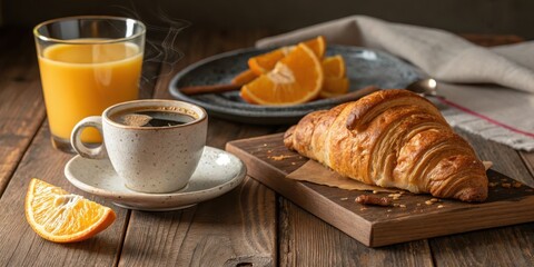 A delightful morning breakfast scene featuring a freshly baked croissant, a cup of steaming coffee, and a glass of orange juice, all set on a rustic wooden table.