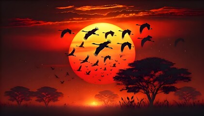 sunset and birds