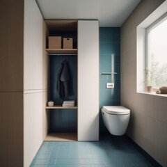 You are an interior designer. Draw a toilet room with dimensions in meters 1x1.5x2.5. The tiles on the walls are light beige. The toilet is compact with a white cistern. The toilet lid matches the col