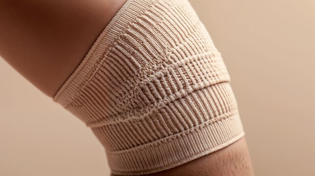 Therapeutic knitted leg bandage in beige against neutral background
