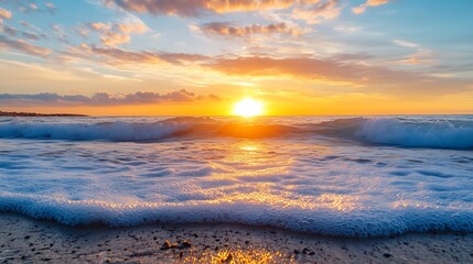Obraz premium Sunset over the ocean. Beautiful beach scene. Concept of relaxation, peace, and vacation.