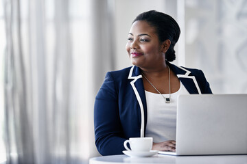 Thinking, creative and woman with laptop, online and inspiration for editor, confident and morning....