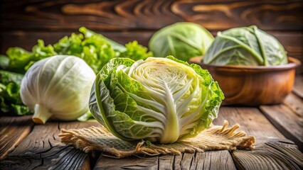 Fresh White Cabbage on Wooden Table - High-Resolution Photo