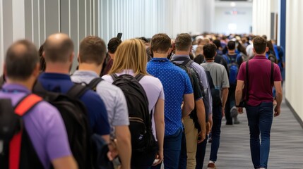 Long queue of attendees at tech conference convention center event photography indoor perspective networking opportunities