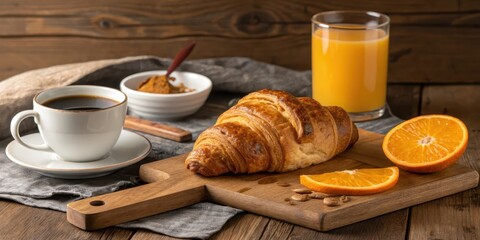 A delicious breakfast of coffee, croissant, and orange slices served on a rustic wooden board