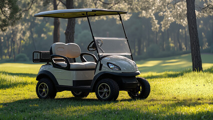 Peaceful Golf Cart Resting in Natural Woodland Setting with Dappled Sunlight