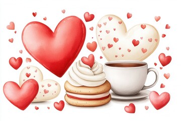 Romantic watercolor concept of heart-shaped biscuit and tea for Valentine's Day. Valentine-themed cookies and coffee with hearts and decorations