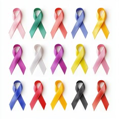 Multicolored ribbons for cancer awareness isolated on white background