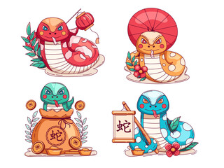 Cute cartoon illustration of snake zodiac.
suitable for Chinese themed design, Chinese New Year celebration, greeting card, social media, etc.
