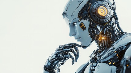 Artificial Intelligence Robot Thinking on White Background
