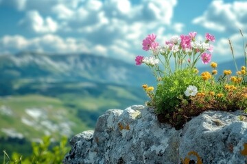 Obraz premium Pink flower growing on a rock in the mountains with a cloudy sky