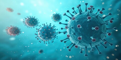 Microscopic View of Viral Particles in a Fluid Medium Showing Surface Spikes and Cellular Structures