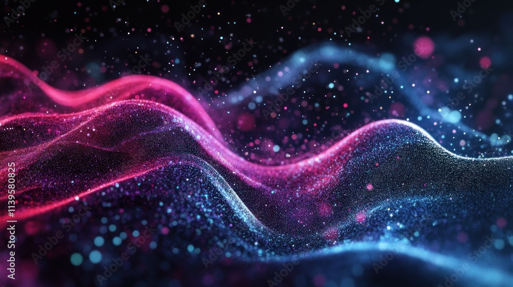 Poster Abstract waves of light and particles in vibrant colors creating a dynamic visual effect.