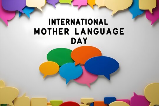 A vibrant design for International Mother Language Day with colorful speech bubbles on a white background, symbolizing unity and cultural diversity.