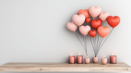 A charming display of heart-shaped balloons and candles on a wooden shelf, perfect for romantic celebrations or festive occasions.