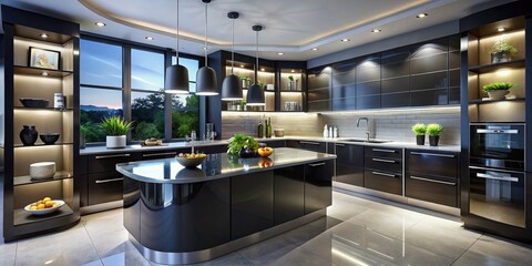 Modern Black Kitchen with Curved Shelves & LED Lighting